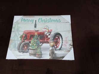 NEW / SEALED ~  Light Up Canvas Picture Merry Christmas Farm Tractor w/ Trees  15.5" x 11.5"