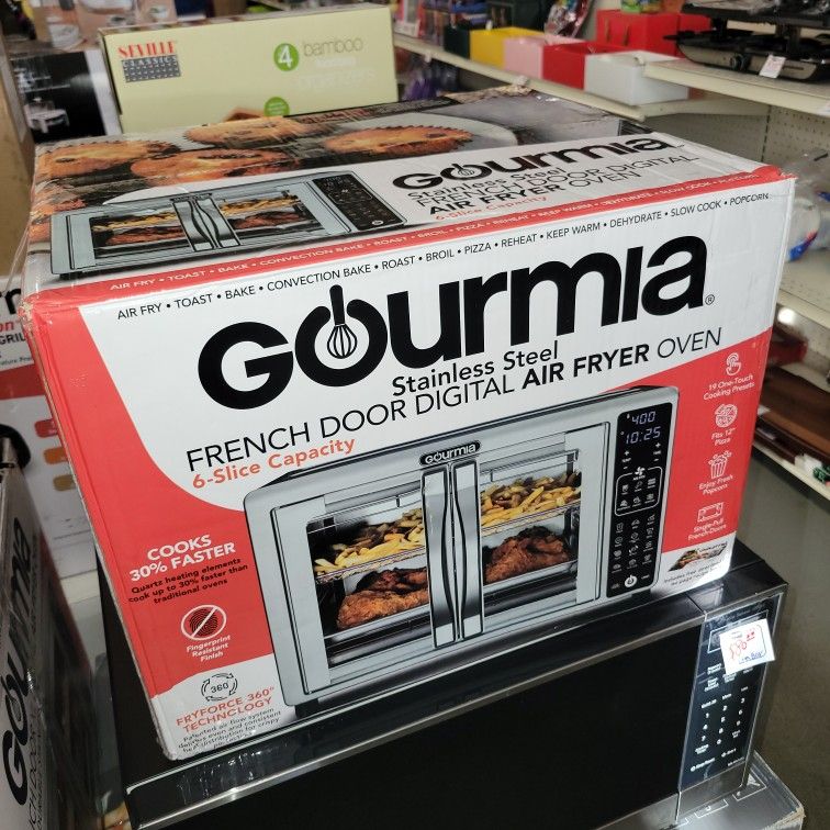 Gourmia GTF2448 19-in-1 Multi-function, Digital, Stainless Steel 6-Slice Air Fryer Oven with 19 One-Touch Cooking Functions and Single-Pull French Doo