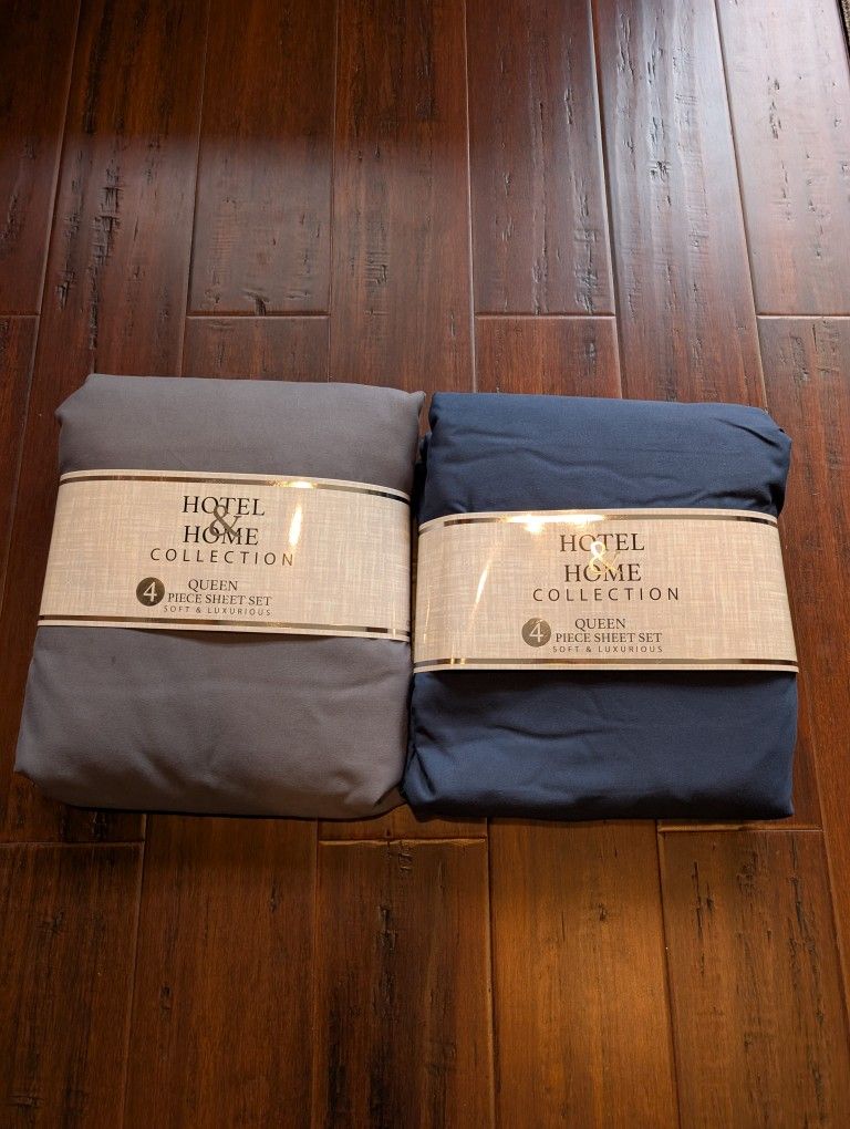 Hotel & Home Collection - Queen four-piece sheets 2 Sets New
Soft and luxurious
Includes one flat sheet 90 in. X 102 in. One fitted sheet 60 in. X 8