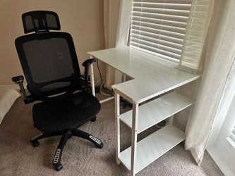 White L-Shape Desk and Black Mesh Office Chair