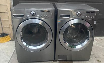 LG STEAM GREY FRONT LOAD WASHER AND GAS DRYER