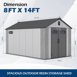 8x14Ft Resin Outdoor Storage Shed, Plastic Garden Shed with Carpet, Outside Weatherproof Storage Building for Tools, Bike, Lawn Mower, Patio, Backyard