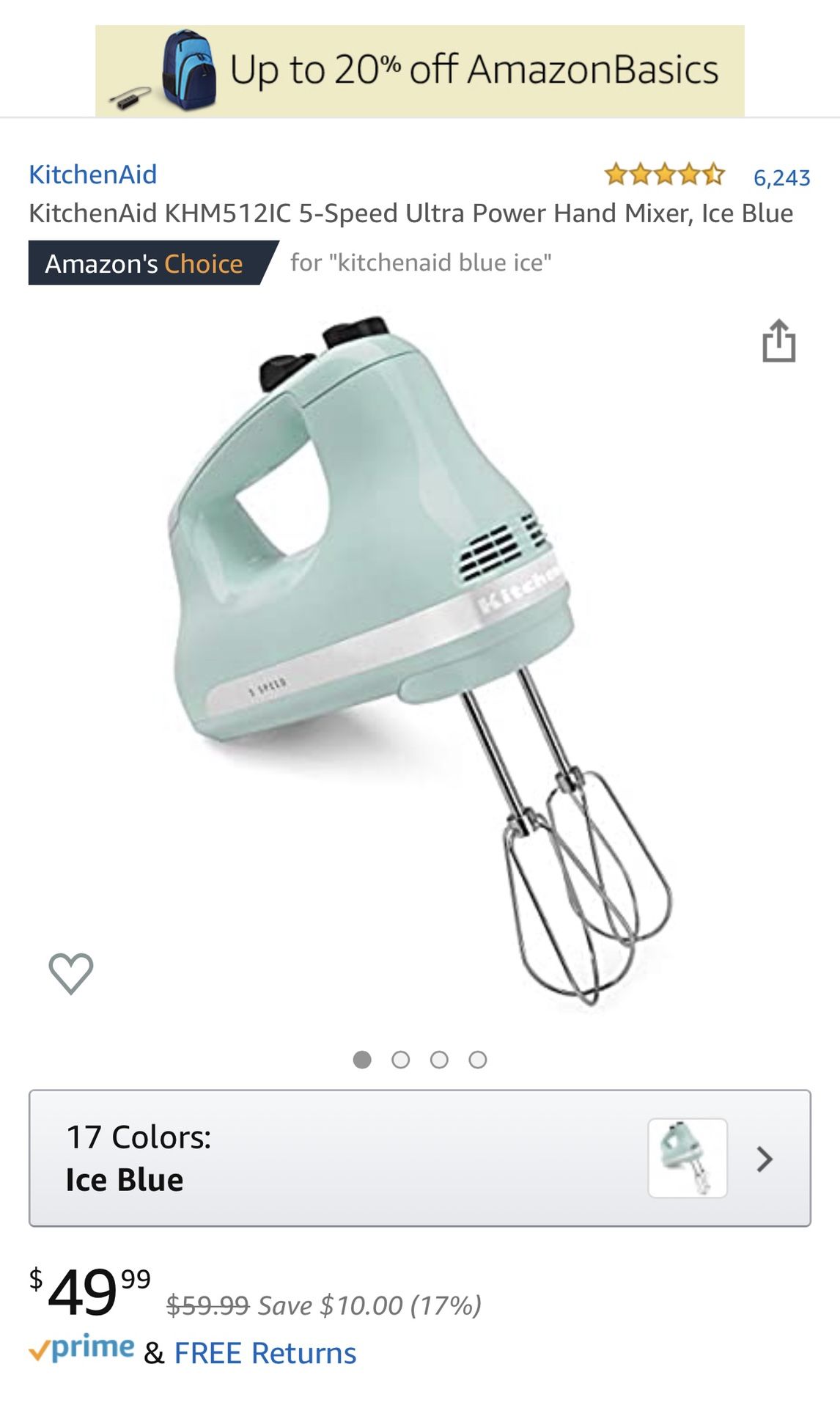 KitchenAid hand mixer in ice blue