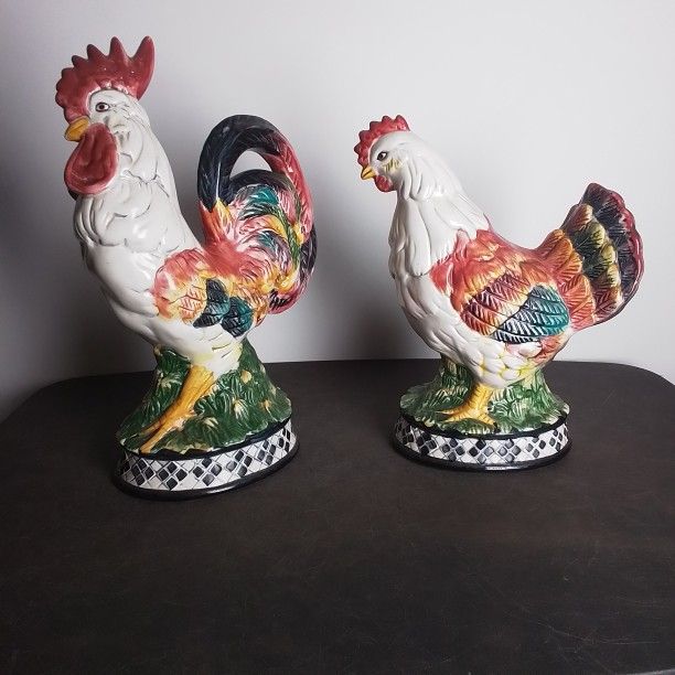 Ceramic Chickens Rooster & Hen Vintage 1998 CBK LTD. Farmhouse