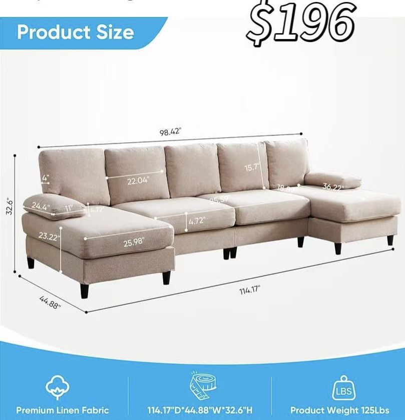 😀 114" U-Shaped Living Room Sofa Set, Linen Fabric Sectional Soft Couch, 4 Seat Modern Couches with Removable Pillows for Living Room, Bedroom