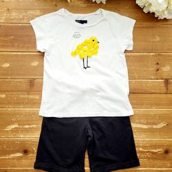 SIZE 6-7 GIRLS 2-PIECE OUTFIT WHITE FLUFFY YELLOW CHICK TEE W/BLACK JERSEY FLEECE PULL-UP SHORTS 