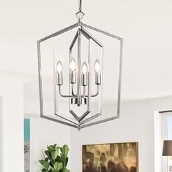 SPECIAL!!! $45:  18.1" Silver Chandelier, 4-Light Farmhouse Foyer Lighting Fixtures, Modern Lantern