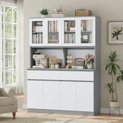 75" x 55" Kitchen Pantry Storage Cabinet with Glass Doors and Drawers, Wide China Cabinet Hutch with Microwave Stand Coffee Bar, Food Pantry with Hutc