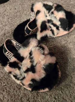 UGG Fluffy Slide Slippers Cow Print
