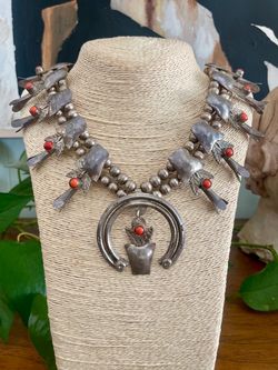 Silver and coral vintage squash blossom necklace