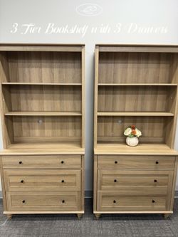 Set of 2, 3 Tier Bookshelf with 3 Drawers, 72" Tall Bookcase Large Farmhouse Display Book Case Shelf with 3-Tier Open Book Shelfs,Library Wood Bookshe