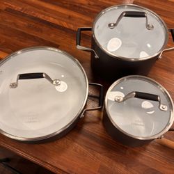 Brand New Calphalon Ceramic Non-Stick 1.5 and 3.5 quart saucepans with glass lids, 3 quart sauté pan with glass lid