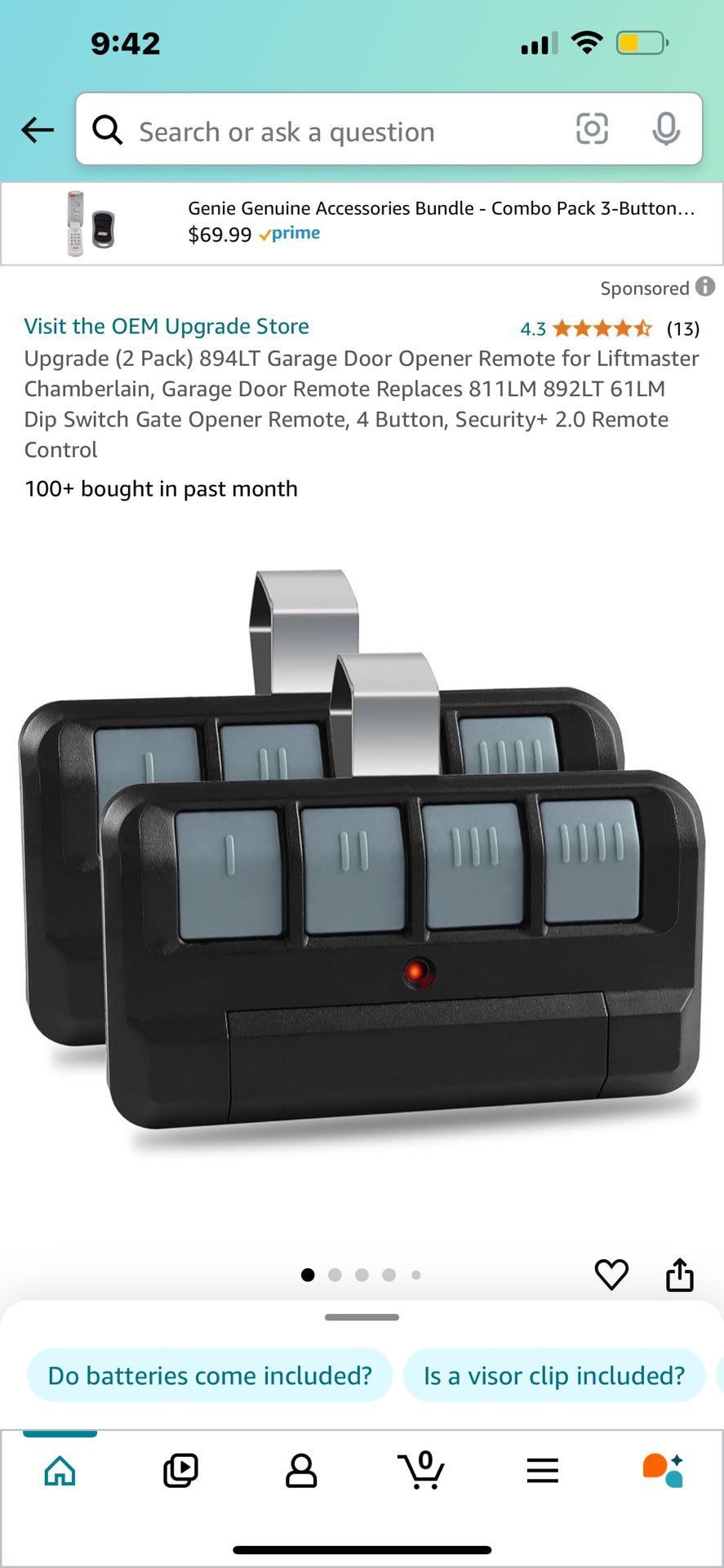 Upgrade (2 Pack) 894LT Garage Door Opener Remote for Liftmaster Chamberlain, Garage Door Remote Replaces 811LM 892LT 61LM Dip Switch Gate Opener Remot