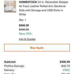 HOMESTOCK 54 in. Reversible Sleeper Air Faux Leather Rolled Arm Sectional Sofa with Storage and USB Ports in White