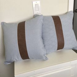 Handsome! Blue Striped Pillows With Leather Accent 