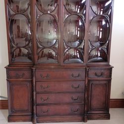 Antique Bubble Glass Mahogany Georgian Breakfront Writing Desk Cabinet Bookcase
