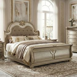 Traditional Gold Champagne Sleigh Bed Frame Queen King Marble Accents Cama