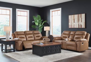 Beaman Peak Toffee Reclining Sofa and Loveseat