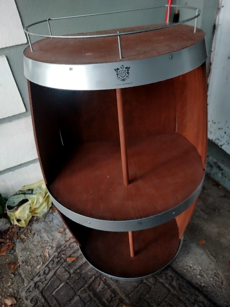 E&J Gallow Winery half keg display shelf with metal accents