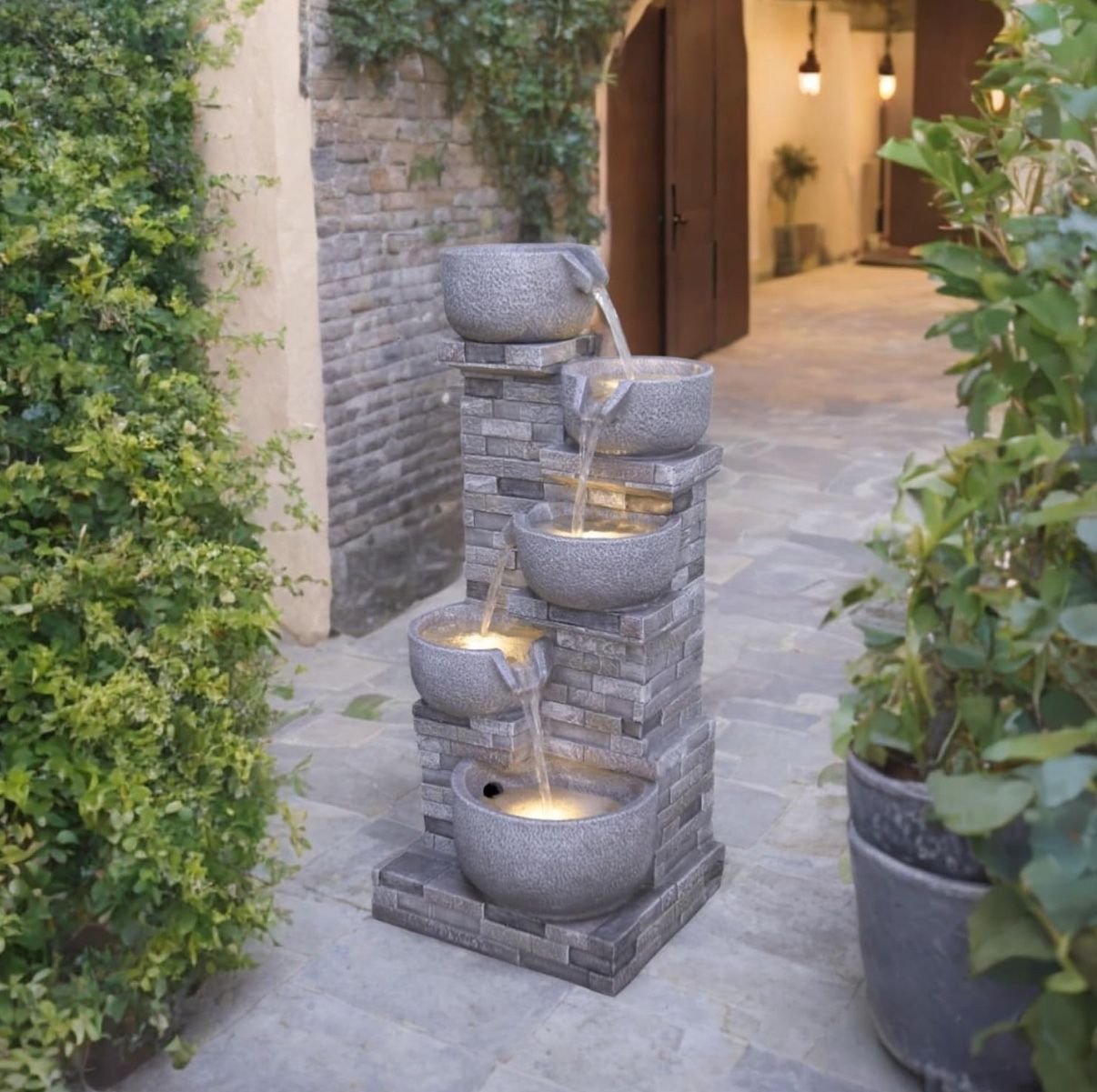 5-Tier Outdoor Water Fountain with Cascading Waterfall and LED Lights for Garden, Backyard and Patio, Grey, 33.5 Inches Tall