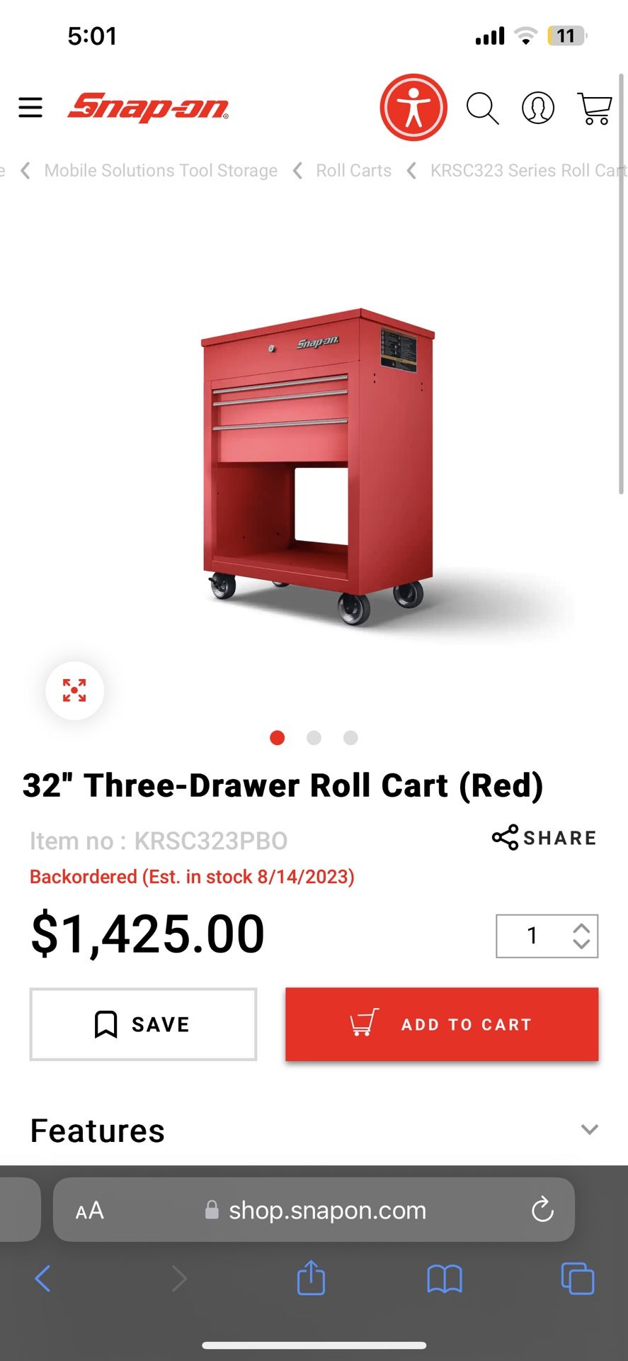 Snap On 32” Inch Three Drawer Roll Cart