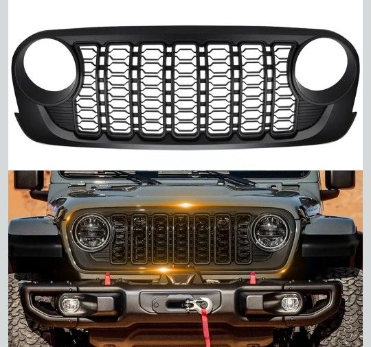 Front Grill Bumper Compatible with Jeep Wrangler JK 2007-2017 to 2024 JL, Custom Original Fit Heavy Duty Mesh Grille Change to 2024 JL