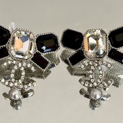 CC Black Bow Tie Logo Crystal Dangle Earrings 