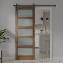 FREDBECK 32in x 80in Glass Barn Door with 5.5FT Sliding Doors Hardware Kit with Handle Included,5-Panel Frosted Glass Wood Panel, light brown,Water-Pr