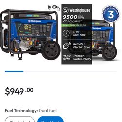 Electric Start, 7,500/9500,gas Generator 