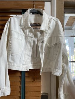 White Jean Distressed Fringe Jacket