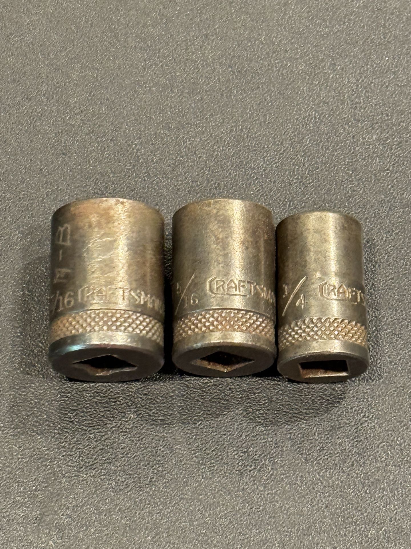 Vintage 3 Craftsman 1/4" drive Long C knurled sockets 7/16” 6 pt & 5/16”1/4” 8 pt circle H
