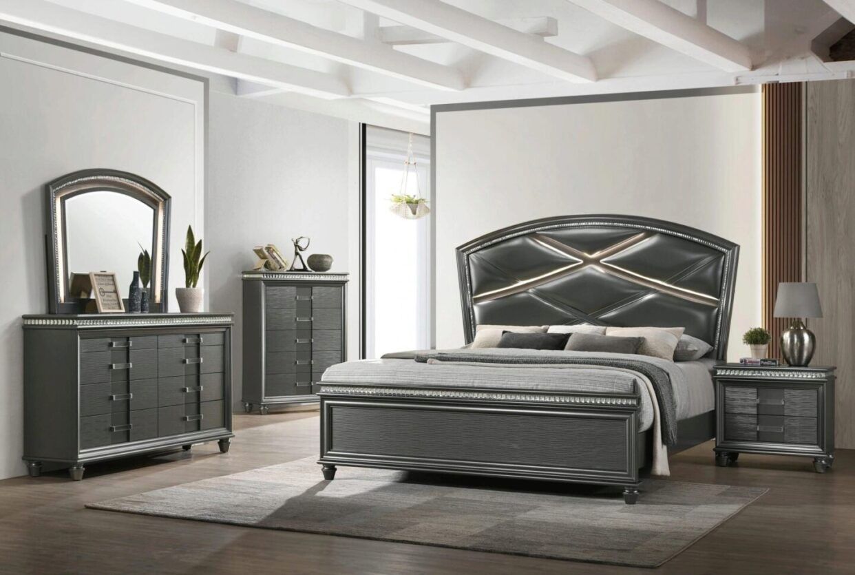 Brand New Dark Gray LED Queen Bedframe + Dresser + Mirror + Nightstand 4PCs Bedroom Set