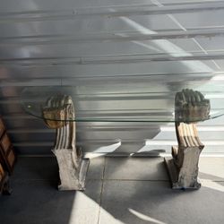Elegant Glass Console Table with Carved Pedestal Bases 