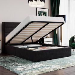Full Size Lift Up Storage Bed/Velvet Upholstered/Modern Wingback Headboard/Upholstered Platform Bed Frame/Hydraulic Storage/No Box Spring Needed/Black