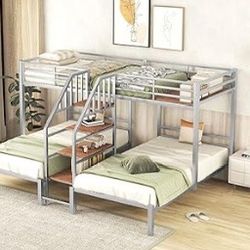 BOVZA Twin Size L-Shaped Metal Triple Bunk