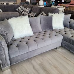 ROYAL GREY 2PCS SECTIONAL VELVET LIVING ROOM SET SOFA