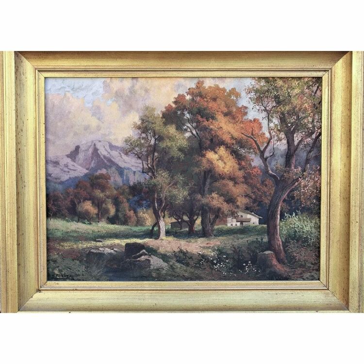 Antique 1900s Karl Flieher, Austrian Landscape Painting; Trees & Cottage, Autumn Sun