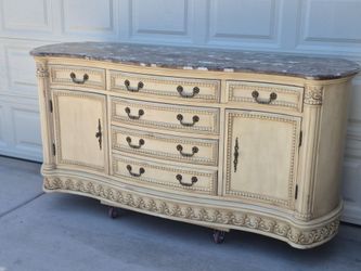 MARBLE TOP BUFFET TABLE WITH 7 DRAWERS and 2 DOORS  IN VERY GOOD CONDITION