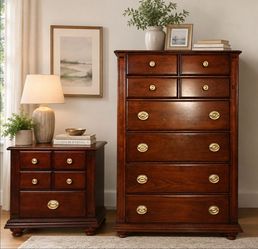 Beautiful dresser with night stand & free wooden shelves featuring, updated brushed golden hardware, and timeless craftsmanship. This versatile 6-draw