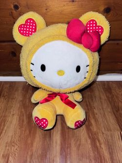 Round 1 Sanrio Hello Kitty Yellow Teddy Bear Suit Costume Hearts Print 13” Plush