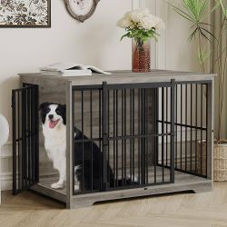 G89-XL Large Dog Crate Furniture, 44.1" Indoor Dog Kennel Furniture with Barn Door, Wooden Tall Dog Crate, Heavy Duty Dog Cage for Large Dogs, Side En