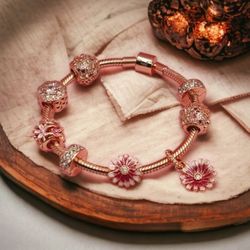 Ladies Beautiful Pink Daisy Charm  Bracelet On Rose Gold