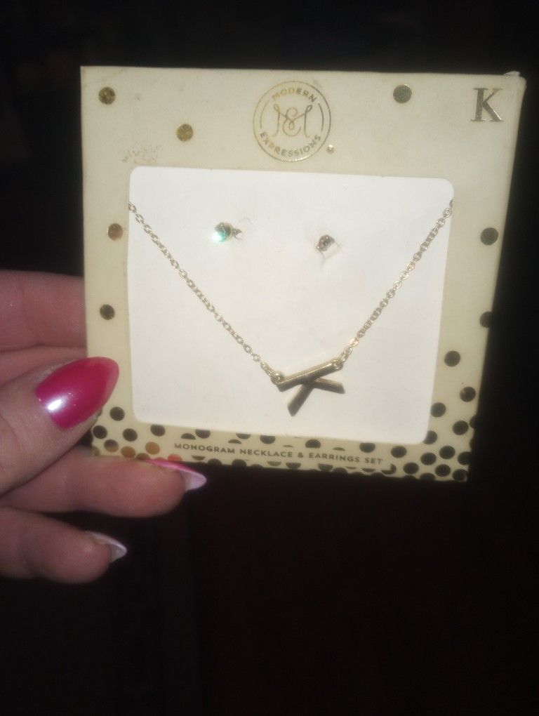 Brand New K Necklace And Stud Earrings 