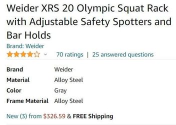 Weider XRS 20 Olympic Squat Rack with Adjustable Safety Spotters