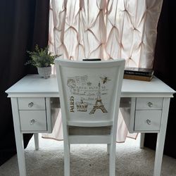Beautiful Refinished White Desk With Reupholstered And Stenciled Chair 