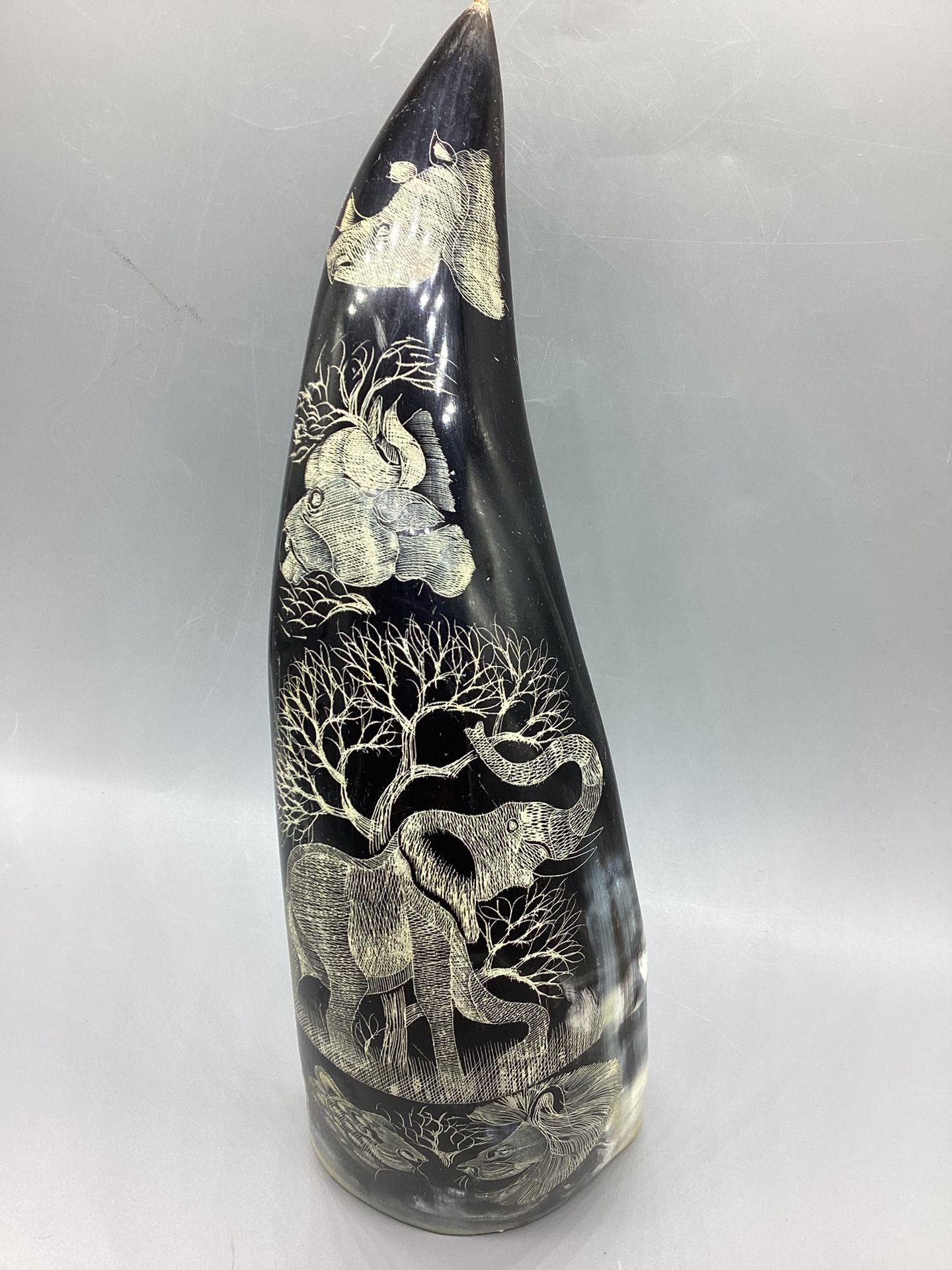 Cow Steer Horn Hand Carved Folk Art Elephant Tiger Panther Jaguar Jungle 11 Inc This product is a hand-carved figurine made of cow steer horn. It ha