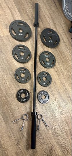 BEAUTIFUL NEW Olympic Equipment: Black Barbell with Cooper Bearings & CAP  Cast Iron Plates of 25s, 10s, 5s and 2.5 pounders. Total: 127 lbs.