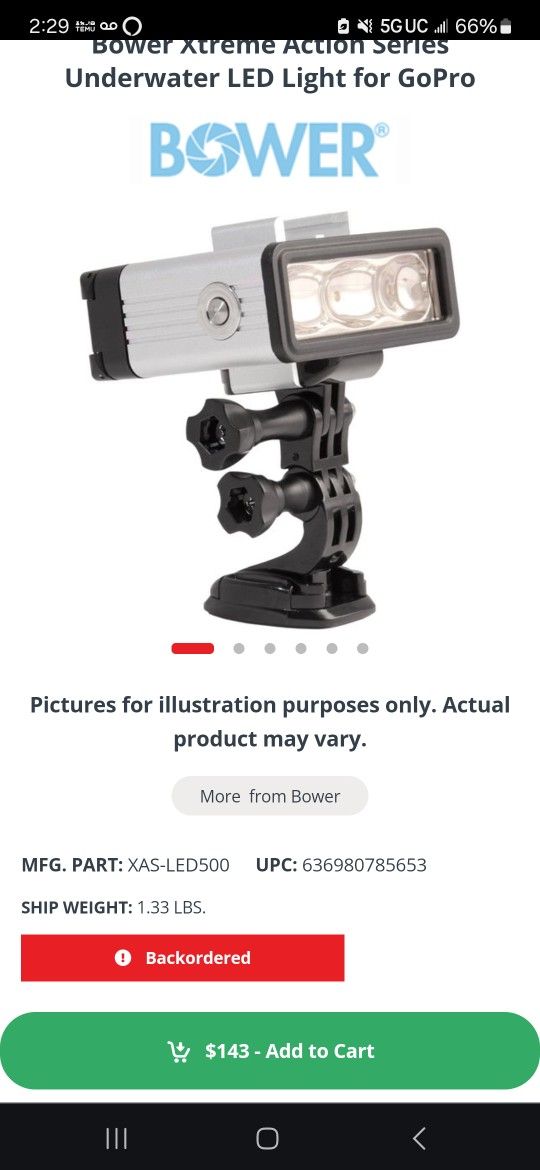 Bower Xtreme Action Series Underwater LED Light For GoPro XAS-LED500