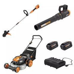 New in box Worx 20" Push Mower, 13" String Trimmer, Quiet Tech Blower Combo Kit