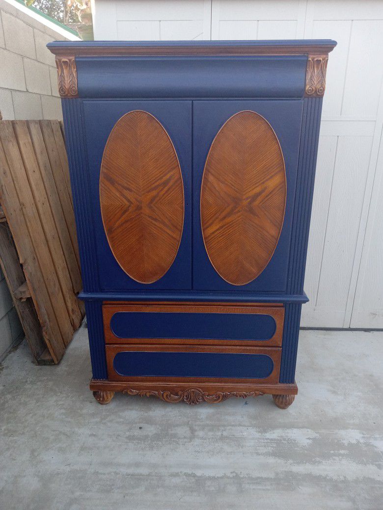 Antique Retro Armoire Storage Cabinet Dresser Two Toned Wood & Blue